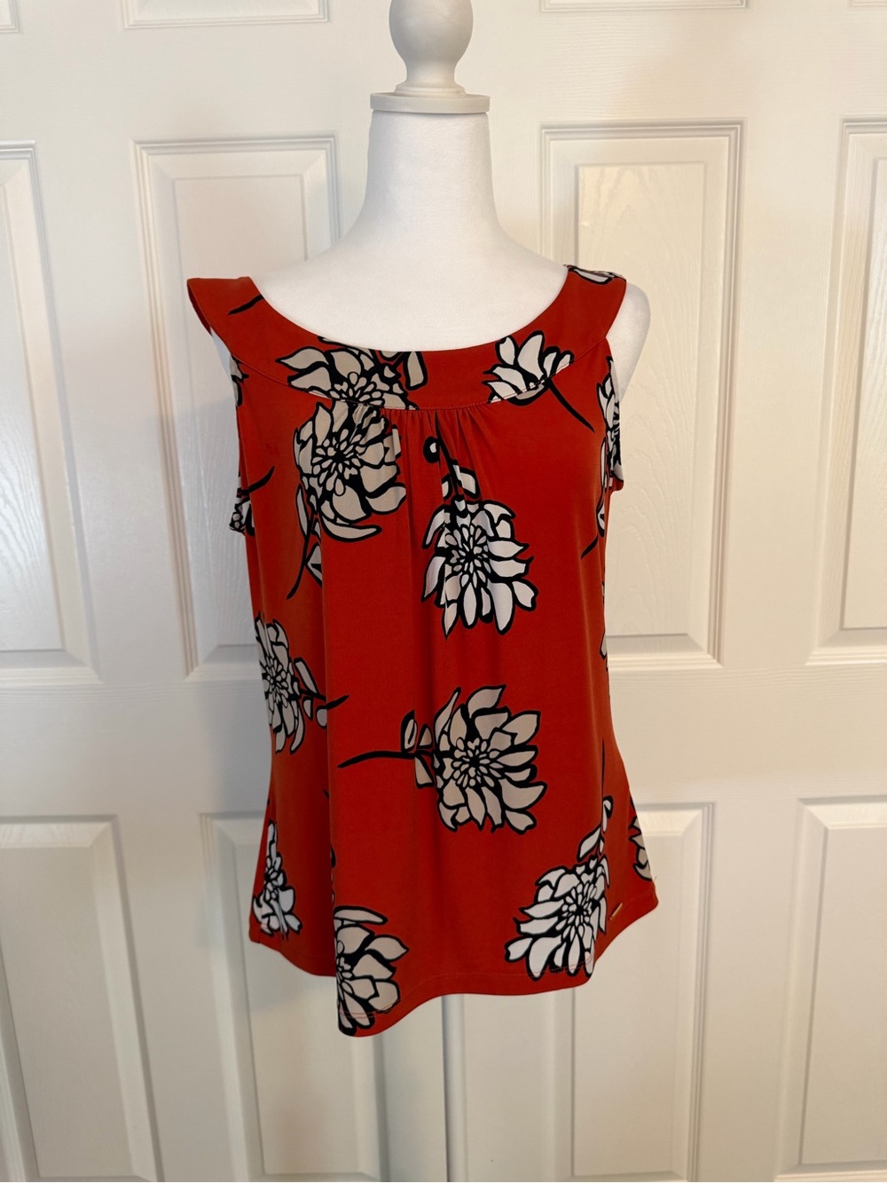 Calvin Klein Women’s Large Floral Sleeveless Blouse Red Orange Black White